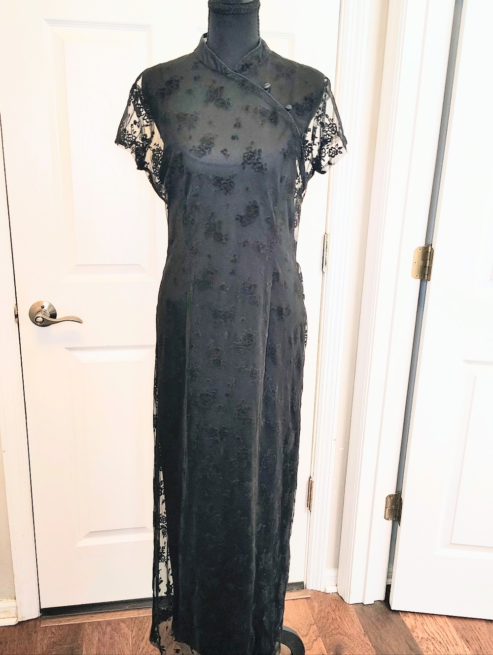 Black Sheer Lace Cheongsam Dress Velvet Burnout Prom Mother Day Whimsygoth 10/12